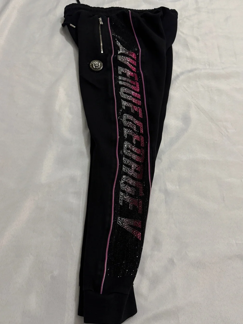 Avenue George V Paris Pink & Silver Rhinestone Jogger Sweatpants Bling Size L - Picture 10 of 14